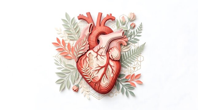 Anatomical human heart illustration crafted in a detailed 3D paper cut style, beautifully adorned with delicate floral elements, leaves, and abstract geometric lines on a clean white background