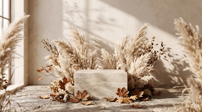 A beige travertine stone podium mockup surrounded by dry pampas grass and fallen autumn maple leaves under warm sunlight.