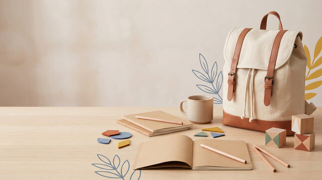 scandinavian school desk setup with backpack notebooks and wooden blocks
