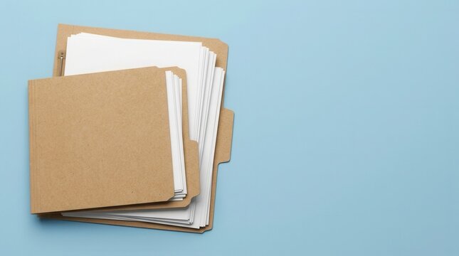 Office branding concept 3D rendering featuring brown file folders with blank white documents on a light blue background, top view with copy space.