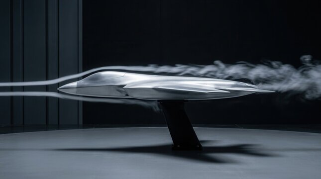 Wind tunnel test with airflow visualization of a futuristic aircraft model on a dark background, illustrating the concept of aerodynamics science.