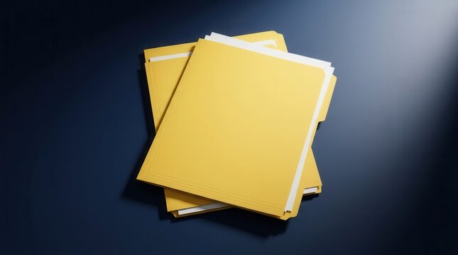 Office workspace top view with two yellow document folders on a dark blue desk under a spotlight, designed as a mockup for a report cover or business template.