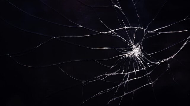 Cracks glass fracture effect texture isolated abstract black background. Realistic Glass impact crack with detailed fractures on a black background. For overlay, simulating broken glass effects. 