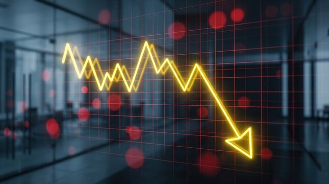 3D rendering of a corporate background with grid overlay and red highlights, featuring a glowing yellow downward arrow graph symbolizing a financial market crash.