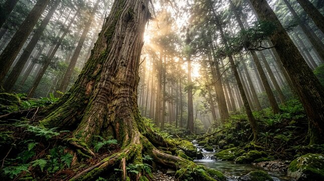 Ancient Japanese Cedar Tree Viewed from Below with Mountain Stream at Sunrise