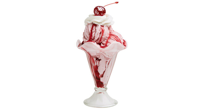 Strawberry ice cream sundae with whipped cream and cherry, isolated on transparent background