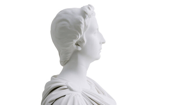 White marble bust of a woman in profile, isolated on transparent background