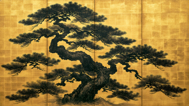 Traditional Japanese painting of a monumental cypress tree against a gold-leaf background
