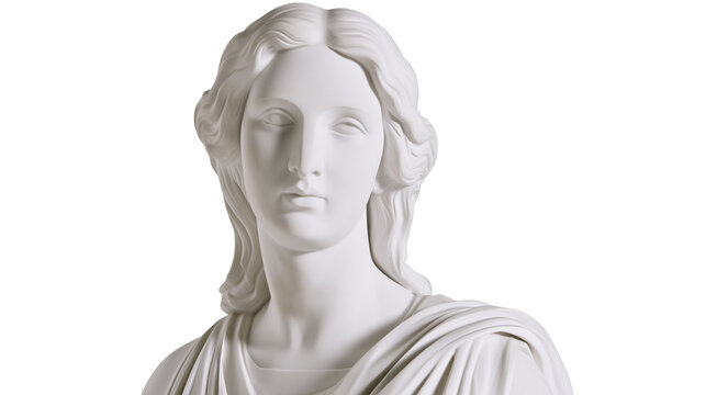 White marble classical sculpture of a woman s head and shoulders, isolated on transparent background