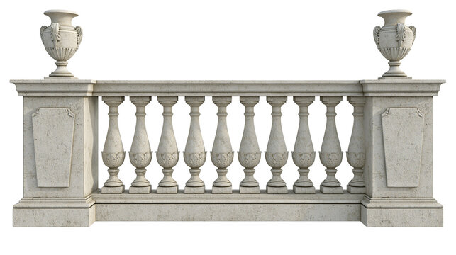 Ornate stone balustrade with decorative urns on pillars, isolated on transparent background