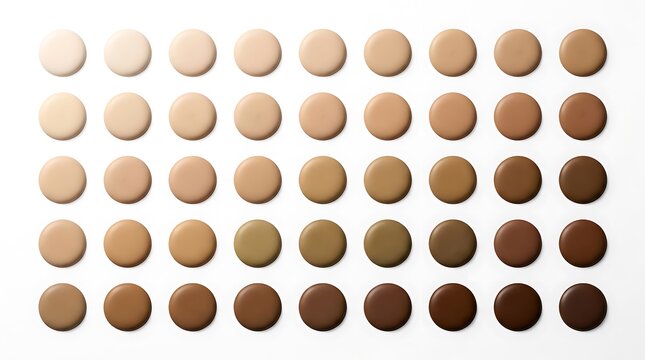 Set of various skin tone color swatches in circular shapes for makeup and foundation selection. foundation shade chart