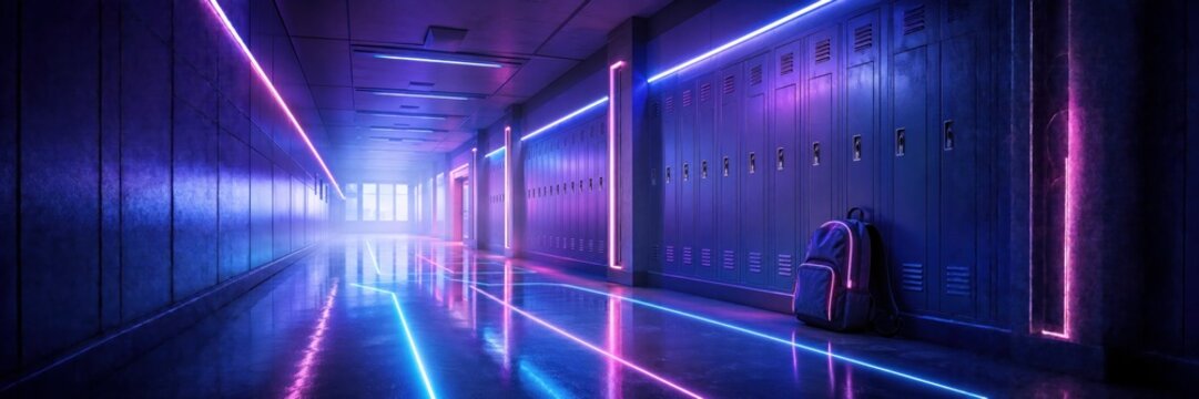 Empty neon school corridor with lockers and backpack, back to school website banner