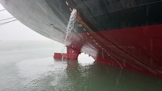  rain. ship stern, water leaking. vessel in port.