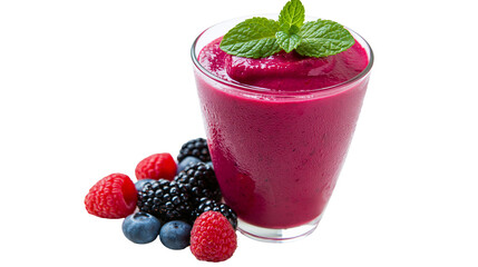 Vibrant berry smoothie in a glass with fresh raspberries blueberries and blackberries, isolated on transparent background © PNGera