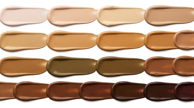 Various shades of liquid foundation makeup swatches on a surface. foundation shade chart