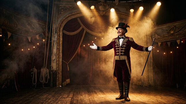 traditional circus ringmaster in velvet tailcoat and top hat under spotlights on stage