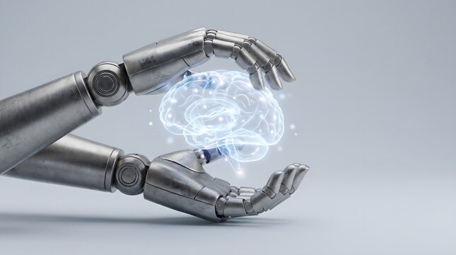 Robotic hands cupping a glowing digital human brain against a grey background.