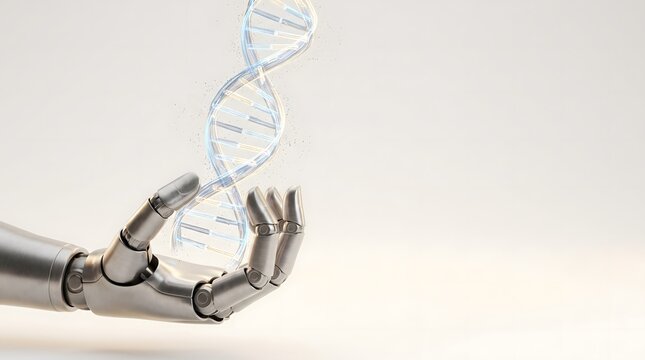 A robotic hand holding a glowing digital representation of a DNA double helix against a neutral background.
