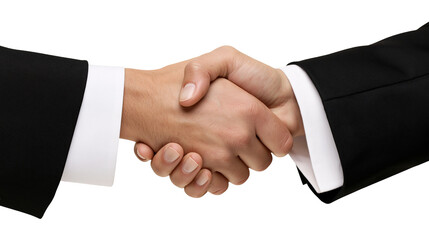 Two business people shaking hands firmly wearing formal black suits with white shirts, isolated on transparent background © PNGera