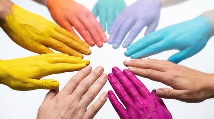 Fototapeta premium Against a white background, multiple human hands painted in bright colors reach toward the center in a circular arrangement representing diversity and global unity