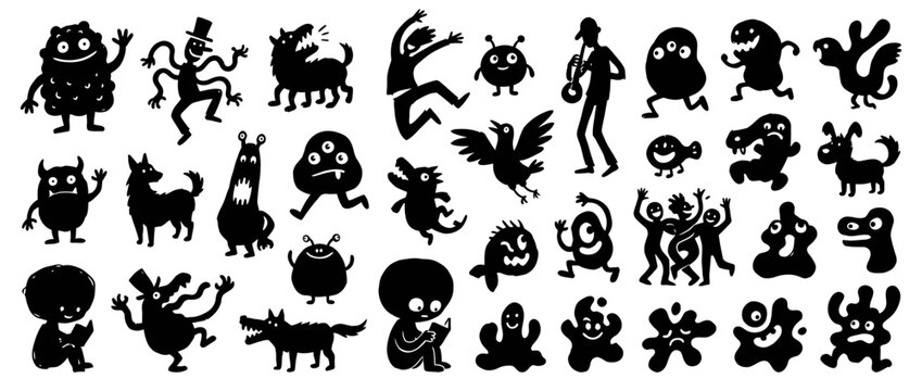 Collection of Silhouettes of Diverse Cartoon Monsters and Creatures