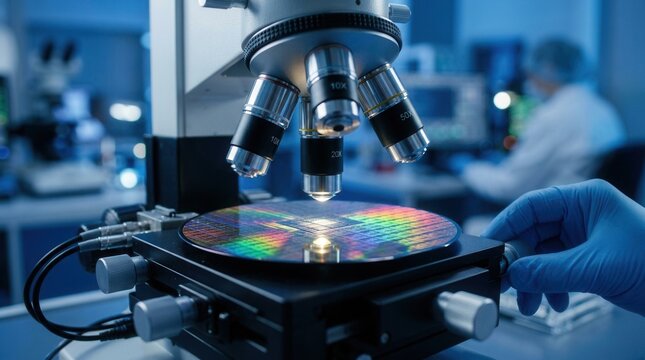 High precision engineering and QA development featuring microchip semiconductor testing of a silicon wafer processor in a laboratory