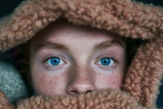Blue-eyed freckled person in a soft furry winter hood