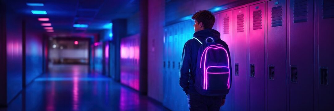 Teenage boy with glowing backpack in school corridor, back to school scene with blank area for text