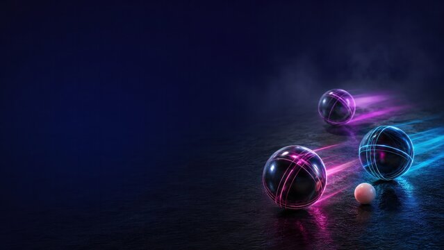 Bocce balls rolling across dark surface with neon trails, precision game concept with negative space for copy