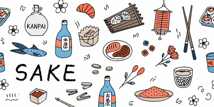 Japanese Sake And Sushi Doodle Illustration Hand Drawn Style