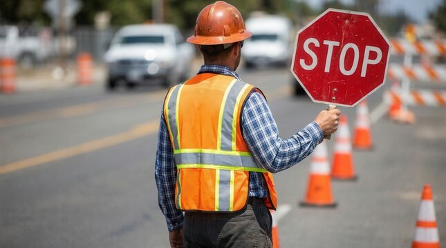 Road work construction zone where a faceless traffic control worker in an orange reflective safety vest manages traffic with a temporary stop sign.