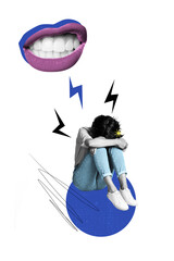 Vertical collage young sad upset girl suffer bullying mouth face fragment caricature grinning teeth...