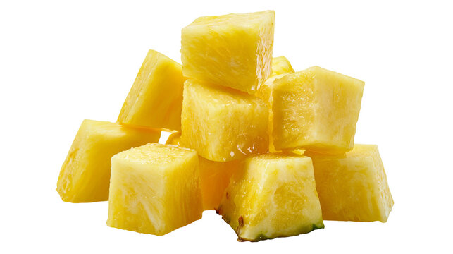 Freshly cut pineapple cubes stacked in a pile, isolated on transparent background