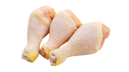 Three raw chicken drumsticks with yellowed tips, isolated on transparent background © PNGera