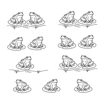 Set of outline frog illustrations on lily pads for nature collection