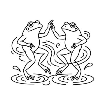 Two frogs dancing together in water splash hand drawn illustration with wildlife