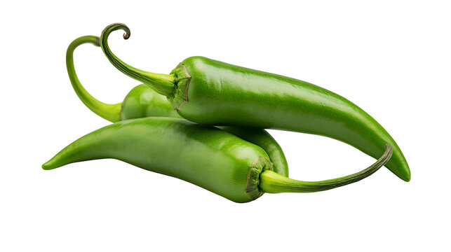 Three ripe green chili peppers with curved stems, isolated on transparent background
