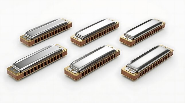 Selection of six harmonicas on white background.