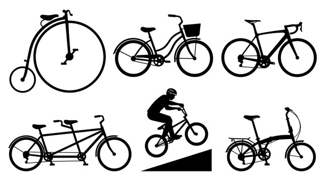 Set of black bicycle silhouettes including penny farthing, road bike, tandem, bmx, and folding bike on a white background