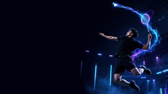 Male badminton player performing aerial smash in neon style with copy space for text