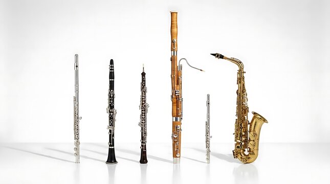 Selection of woodwind instruments on white background.