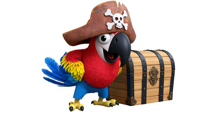 Fototapeta premium Cartoon pirate parrot with skull hat next to wooden treasure chest, isolated on transparent background