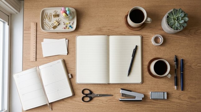 Overhead view of a wooden desk with open notebooks pens coffee and office supplies