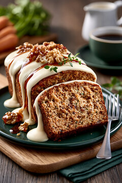Walnut cake slice with cream cheese glaze and coffee