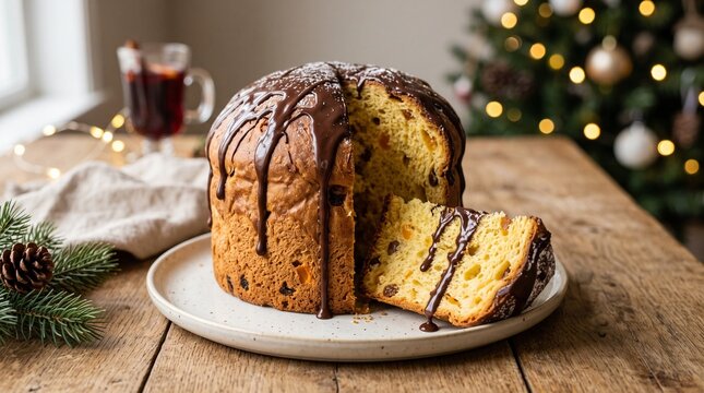 Delicious Panettone cake with chocolate glaze and a slice cut off, set on a plate with Christmas tree and mulled wine in the background