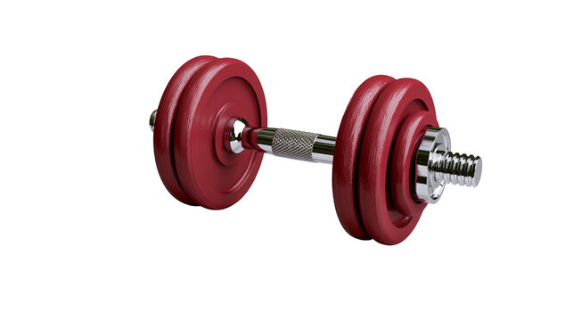 Adjustable red dumbbell with chrome handle and screw collar, isolated on transparent background