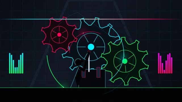 Futuristic Neon Gears Animation with Stick Figure Mechanic and Digital Data Equalizer Interface