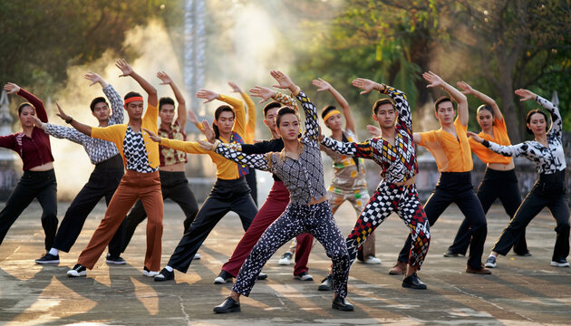 Group of dancers performing synchronized dance outdoors in a park.