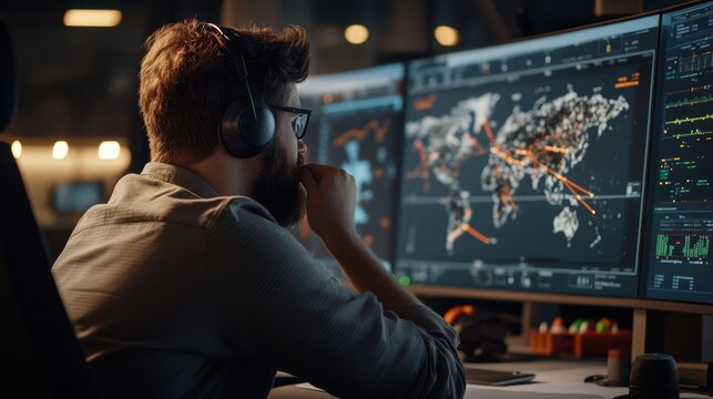 Global Command Center: A focused analyst wearing headphones meticulously studies a world map displayed on multiple screens in a dimly lit control room, showcasing data analysis and global strategy.