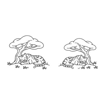 Black and white line art illustrations of tigers resting beneath tropical trees